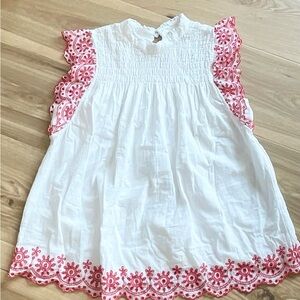 Crown & Ivy White Blouse with Smocked Bodice & Red Embroidery